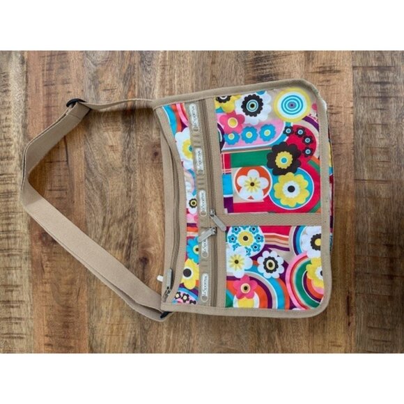 LeSportsac Deluxe Everyday Crossbody Bag Tan Nylon Adjustable Strap Jukebox Rare - Picture 11 of 12